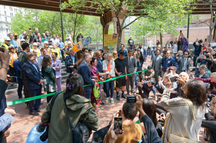 Cutting the ribbon: Chang and Adams, flanked by Manhattan Borough President Mark Levine, Nancy Kong of the Park Row Alliance, Gotham Park co-founder Steve Rodriguez, and Department of Transportation Commissioner Ydanis Rodriquez. Photo: Carl Glassman/Tribeca Trib